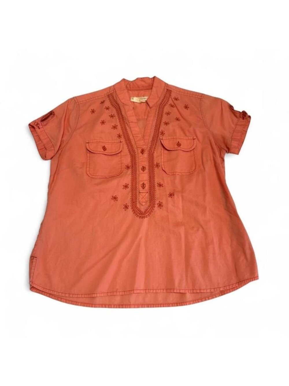 Royal Robbins Embroidered Peach Orange Blouse Top Women's Medium Preppy Summer